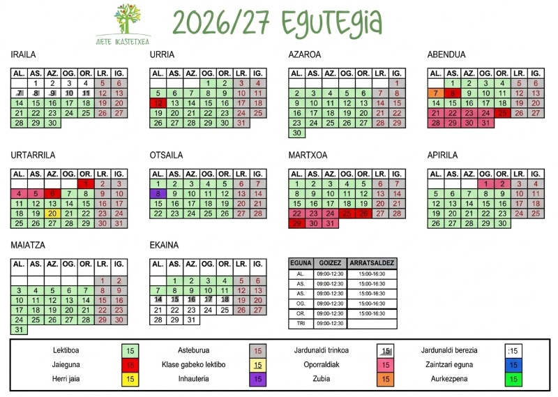 Aiete Ikastetxea - 2026 2027 ikasturteko egutegia