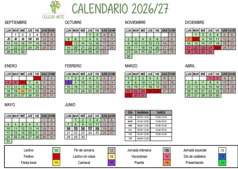 Aiete Ikastetxea Calendario escolar 2026 2027
